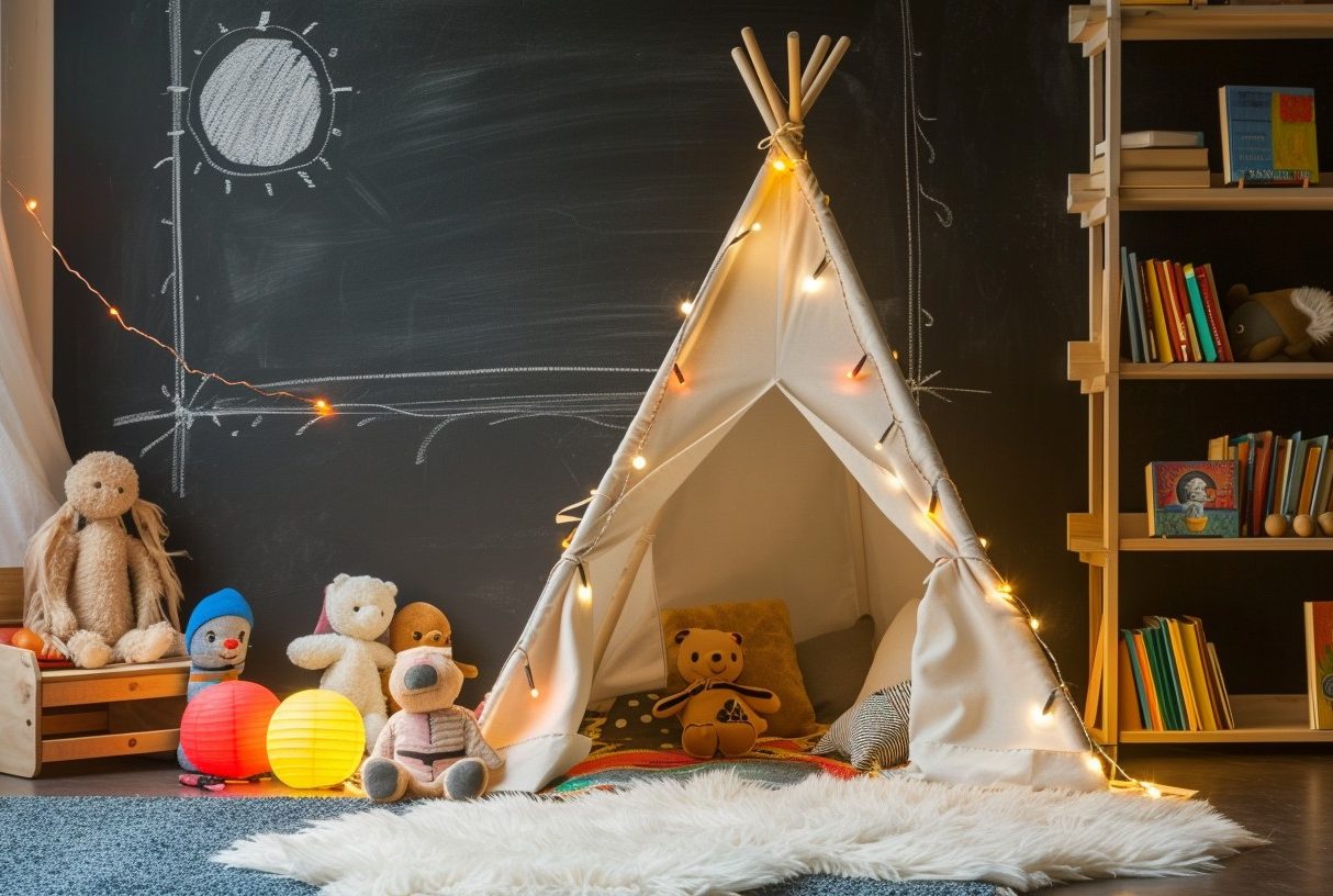 Tematyczne namioty i przytulna przestrzeń zabawowa w pokoju małego odkrywcy.