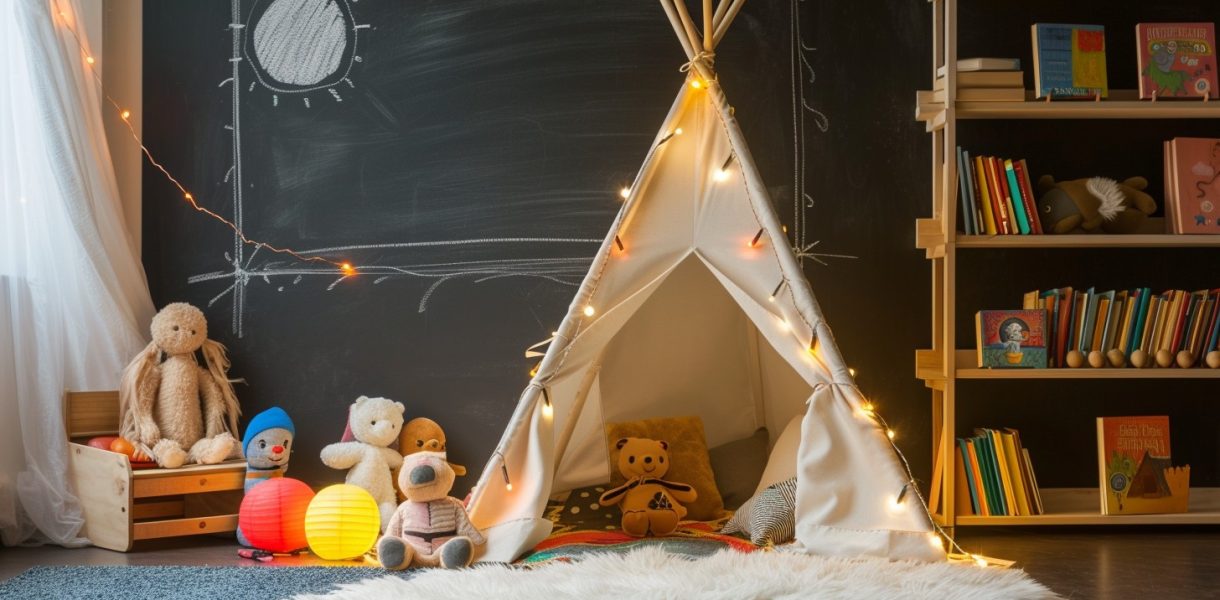 Tematyczne namioty i przytulna przestrzeń zabawowa w pokoju małego odkrywcy.