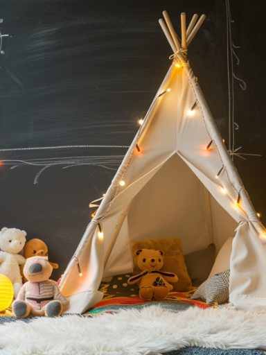 Tematyczne namioty i przytulna przestrzeń zabawowa w pokoju małego odkrywcy.