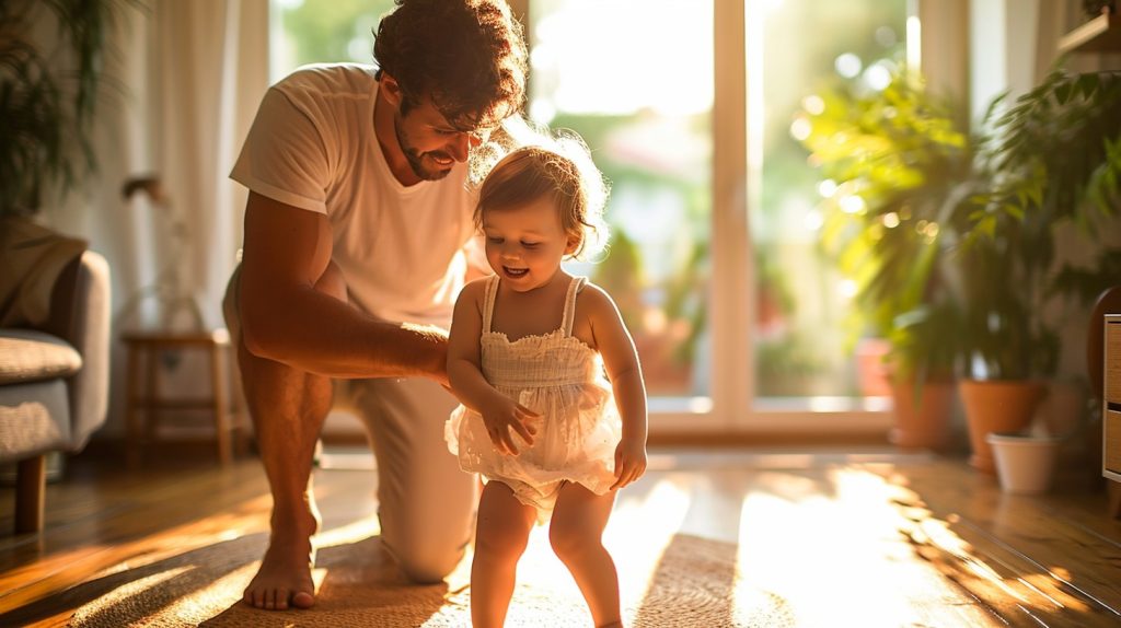 Tata spędza czas na zabawie z dzieckiem, wspierając rozwój maluszka. 