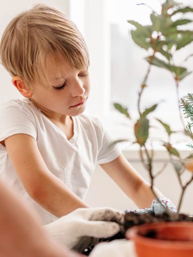 ojciec i syn wspólnie dbają o rośliny