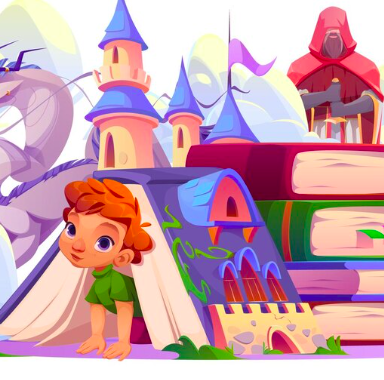 Chłopiec otworzył książkę z kreskówkami z magicznymi opowieściami