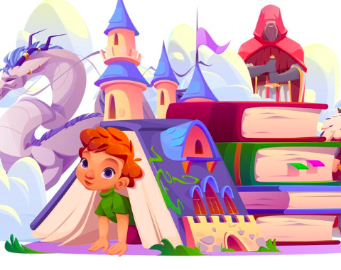 Chłopiec otworzył książkę z kreskówkami z magicznymi opowieściami