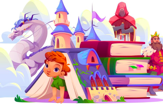 Chłopiec otworzył książkę z kreskówkami z magicznymi opowieściami