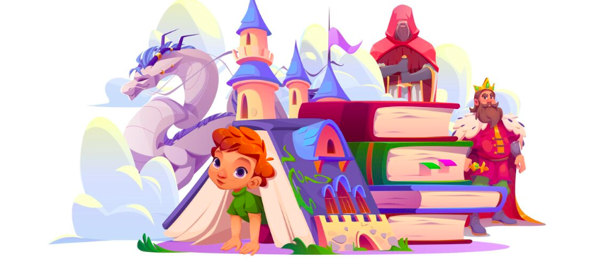 Chłopiec otworzył książkę z kreskówkami z magicznymi opowieściami